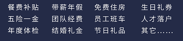 AG真人国际员工福利：餐费补贴、五险一金、年度体检、带薪年假、团队经费、结婚礼金、免费住房、员工班车、节日礼品、生日礼券、人才落户、其它……